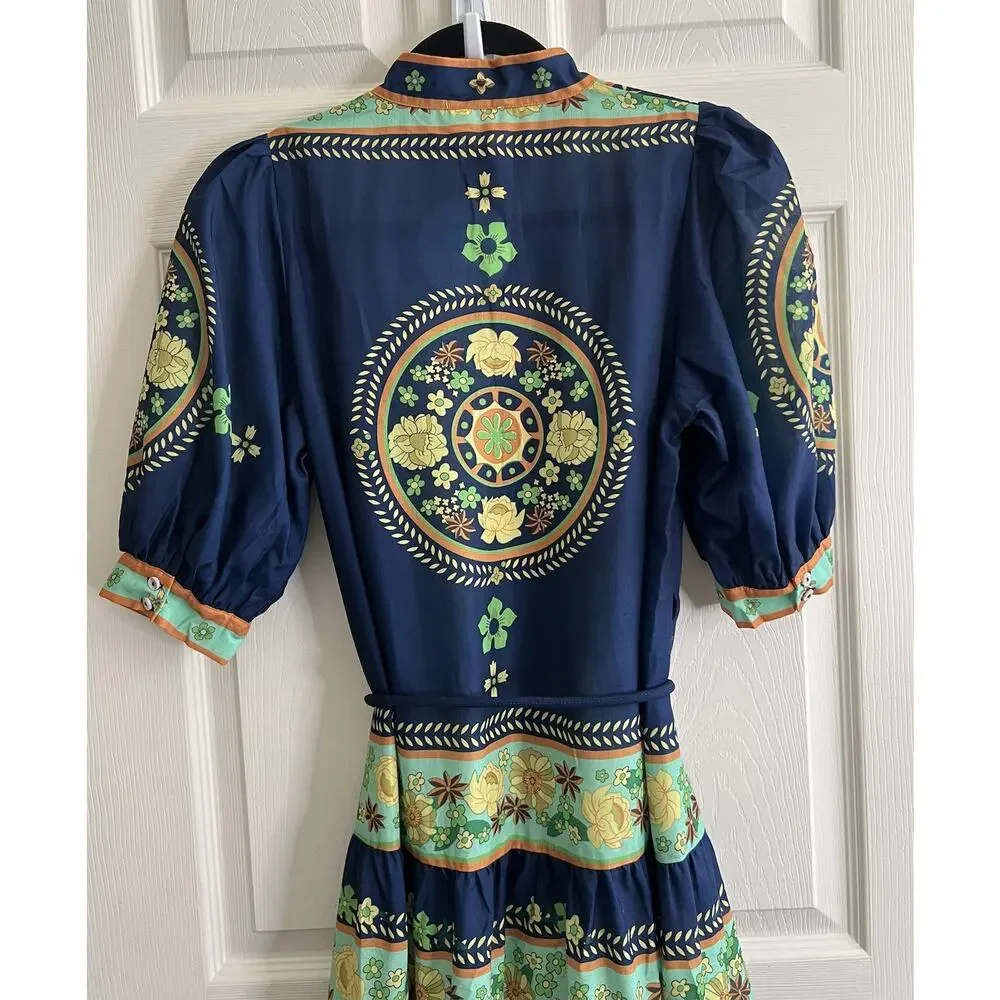 LUXXEL Navy Floral Puff Sleeve Button Front Tiered Maxi Dress Sz M NWT - Picture 10 of 16